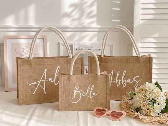 Personalized Jute Burlap Tote Bag: Rustic Wedding Bridesmaid Gift Bag