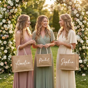 May include: Three women in long dresses stand in a garden, each holding a brown tote bag with a white name on it. The women are in front of a floral arch. The dresses are in shades of pink, green, and cream.