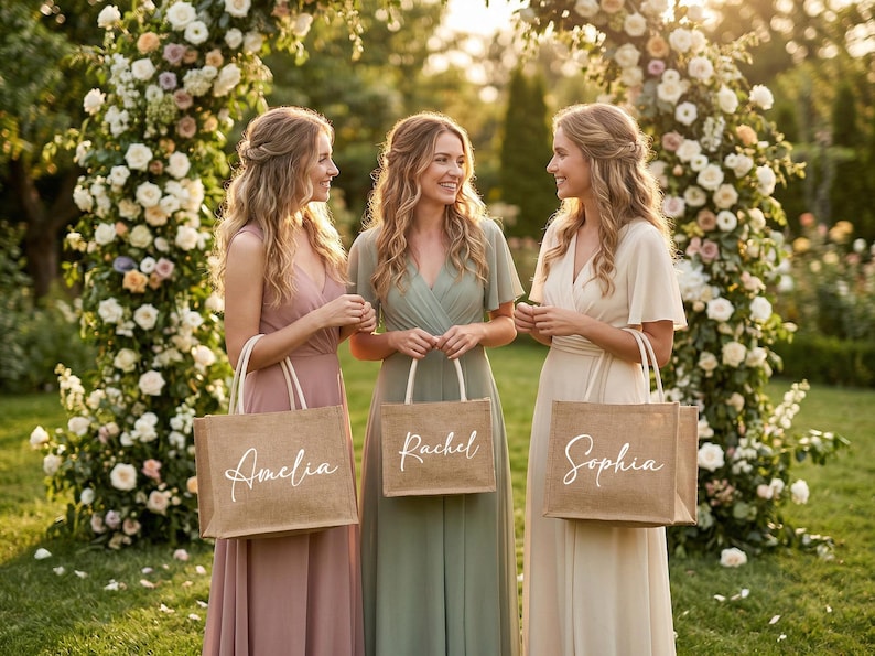 May include: Three women in long dresses stand in a garden, each holding a brown tote bag with a white name on it. The women are in front of a floral arch. The dresses are in shades of pink, green, and cream.