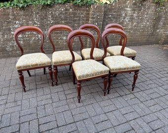 Antique Country House Set of 6 Mahogany Dining Chairs Elegant Vintage Balloon Back Seating Traditional Upholstered Dining Chairs
