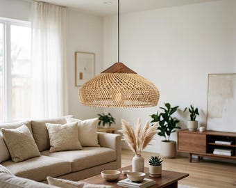 Lampa wisząca z ręcznie tkanego rattanu | Lampa sufitowa w stylu boho z wikliny, klosz 40 cm