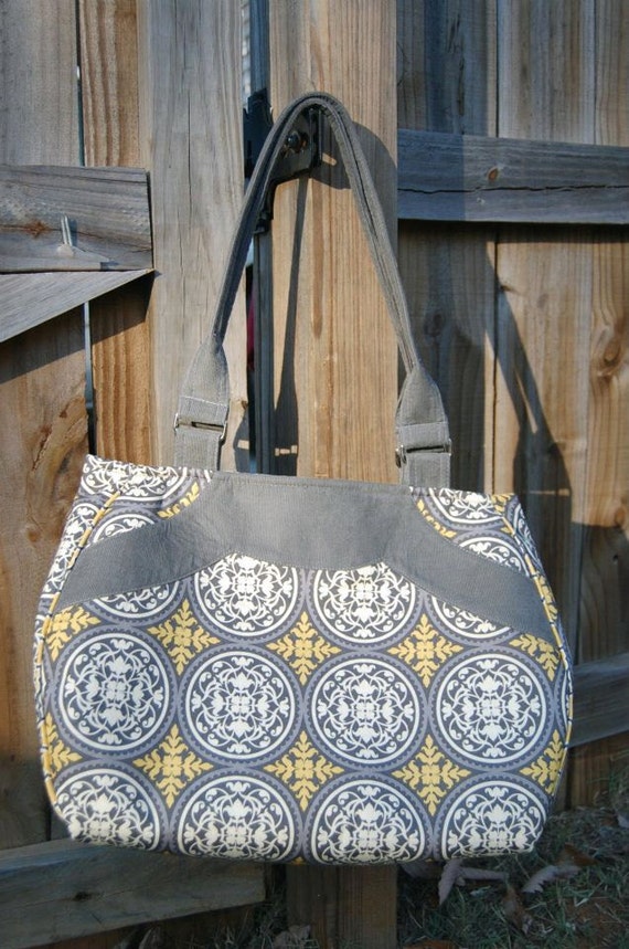 Items similar to Large Bowling Bag tote in aviary and charcole corduroy on Etsy