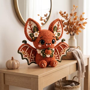 Pumpkin Bat Crochet Pattern PDF, Halloween Amigurumi Bat with Botanical Wings, Autumn Decor