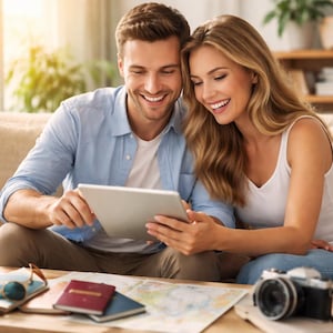 Puede incluir: Una pareja sonríe mientras mira una tableta. Un mapa, pasaporte, gafas de sol y una cámara están sobre la mesa frente a ellos. El hombre lleva una camisa azul claro y la mujer una camiseta sin mangas blanca.