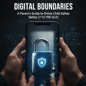 May include: Image of a smartphone displaying a glowing blue padlock, held by hands. The text "DIGITAL BOUNDARIES" and "A Parent's Guide to Online Child Safety (7-12 YRS OLD)" are at the top. The background is dark with digital network elements.