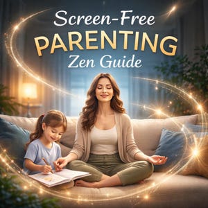 May include: An image promoting "Screen-Free Parenting Zen Guide." A woman and a young girl are seated on a sofa. The woman is meditating, while the girl is drawing in a book. The text is in gold and the image has a soft, glowing effect.