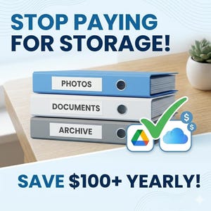 Könnte beinhalten: Werbung für Cloud-Speicherlösungen. Das Bild zeigt drei Ordner mit den Aufschriften "PHOTOS", "DOCUMENTS" und "ARCHIVE". Der Text lautet "STOP PAYING FOR STORAGE!" und "SAVE 100+ YEARLY!" mit Cloud-Symbolen und einem Häkchen.