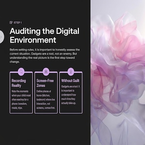 May include: A digital environment audit guide with the title "Auditing the Digital Environment." The guide includes three sections: Recording Reality, Screen-Free Zones, and Without Guilt. The background features a soft, abstract design in shades of pink and purple.