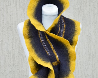 Black Yellow nuno Felted Scarf  for woman, Felt Wrap, Silk wool scarf, Felted collar