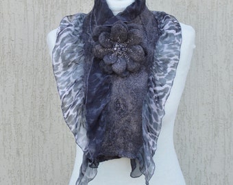 Gray silk felted scarf collar with flower brooch