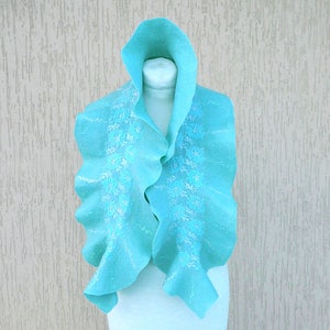 Felted scarf. Nuno felt scarf. Light blue scarf. Felted collar