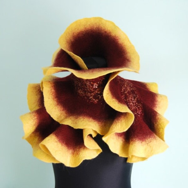 Oxblood  vine dark red bordeaux yellow nuno felted scarf