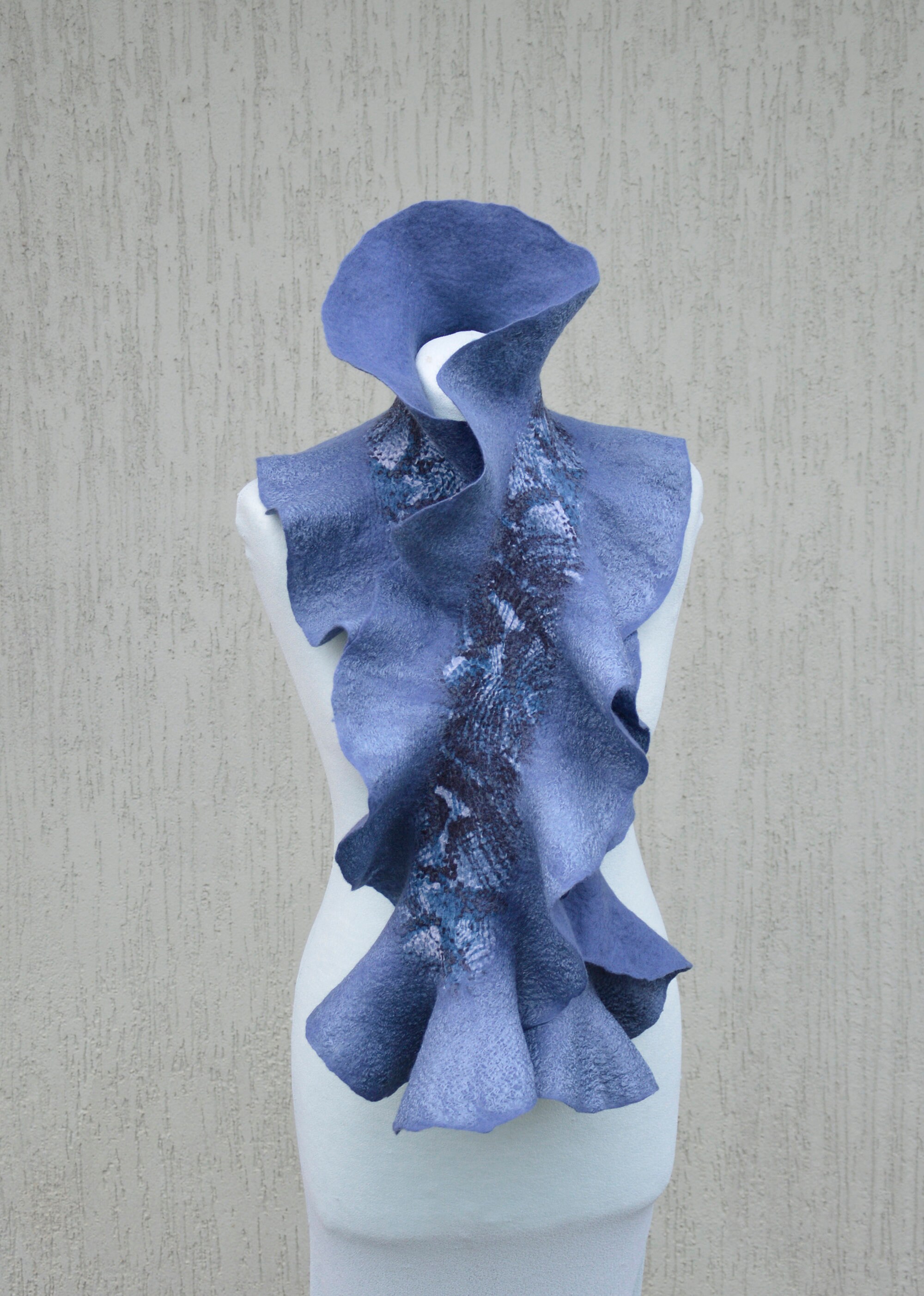 Greyish Blue Silk Felt Scarf, Felted Scarf Collar, Wool Silk Scarf