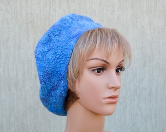 Blauw en licht Turkooisblauw Vilten Baret. Zijden wollen baret. Vilten hoed voor vrouwen. Handgemaakte wollen baret