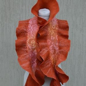 Orange Silk Wool Felted Scarf Wrap for Women Handmade Scarf Collar Unique Gift Felted Art Clothing