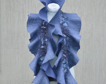 Greyish blue silk felt scarf, felted scarf collar, wool silk scarf, felted scarf wrap, ruffled  silk scarf, hand felted wool silk scarf