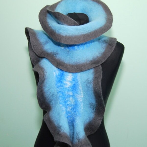 Light blue grey nuno felted silk wool scarf