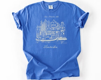 Amsterdam Sun Passion Life T-shirt | Kanalhus T-shirt | Skiss stadsbild, europeisk reset-T-shirt | Komfortfärger 1717 | Nederländerna T-shirt