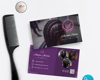 Plantilla editable de tarjeta de presentación para estilista de cabello en Canva. Tarjeta para salón de trenzas con código QR. Imagen de marca de belleza moderna a doble cara.