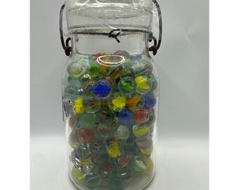 Vintage Ideal Glass Jar with Wire Bale Lid and Large Collection of Glass Marbles