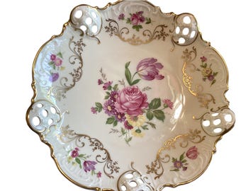 Rosenthal Kronach Germany Moliere Floral Reticulated Porcelain Bowl Gold Gilt