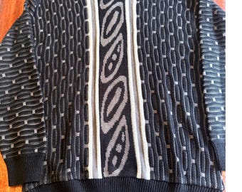 Jersey de punto geométrico abstracto vintage para hombre John Blair, talla XL, negro, gris y acrílico.