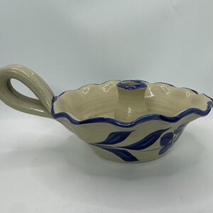 Williamsburg Pottery Salt Glaze Stoneware Chamberstick Candle Holder Blue Floral