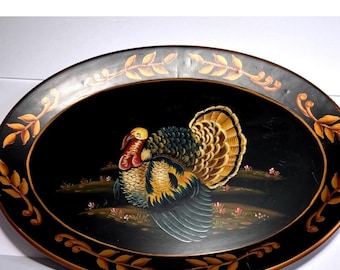 Turkey Serving Tray Large Black Good Hand Painted Toleware 22in. Harvest