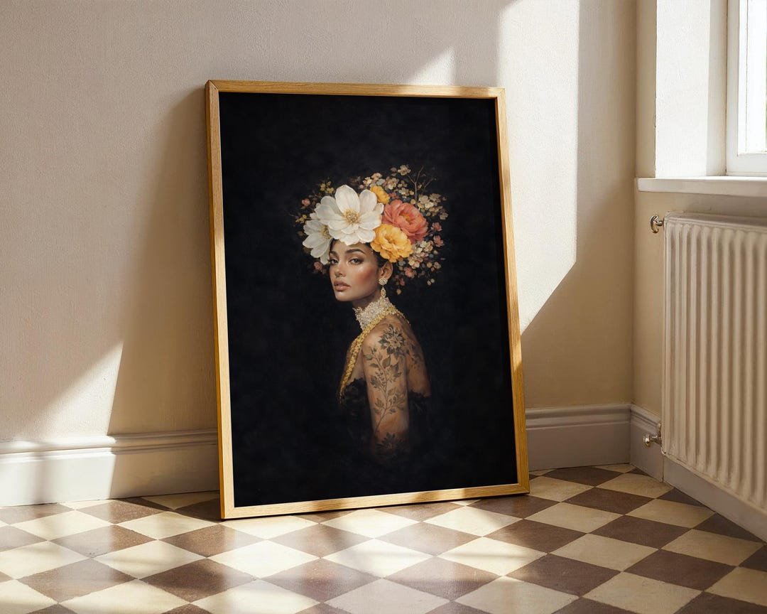 Dark Floral Woman Portrait, Elegant Botanical Fine Art Print - Etsy