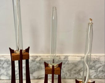 Lámparas de aceite de teca danesas modernas vintage, lámparas de mecha de vidrio escandinavas MCM, juego de 3