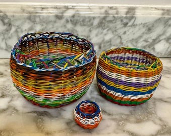 Vintage Set of 3 Handwoven South African Zulu Telephone Wire Baskets