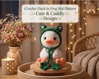 Crochet Duck in Frog Hat Pattern (PDF) - Amigurumi Duckling DIY Plush, Easy Low Sew, Includes English, French, German & Spanish