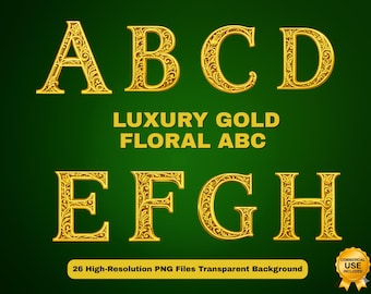 Gold Floral Alphabet PNG, Ornate Monogram Clipart Bundle (Digital Download)