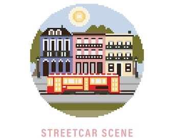 May include: A cross stitch pattern set of a streetcar scene with three colorful buildings, a red streetcar, and a green grassy area. The pattern is 80 x 80 stitches, 5 x 5 inches, or 12.7 x 12.7 cm.