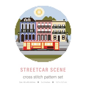 May include: A cross stitch pattern set of a streetcar scene with three colorful buildings, a red streetcar, and a green grassy area. The pattern is 80 x 80 stitches, 5 x 5 inches, or 12.7 x 12.7 cm.