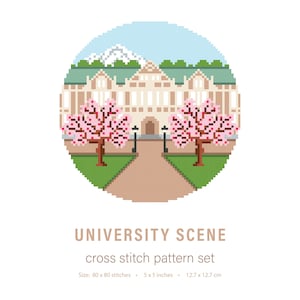 May include: Cross stitch pattern of a university scene with a building, two trees with pink blossoms, and a path leading to the building. The pattern is 80 x 80 stitches, 5 x 5 inches, or 12.7 x 12.7 cm.