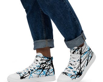 Black and Blue Paint Splatter Men’s high top canvas shoes