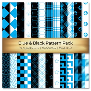 Blue & Black Digital Seamless Pattern Pack - Digital Scrapbook Paper with Bright Cyan and Black in Assorted Patterns - Commercial Use OK