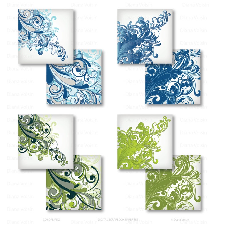 Commercial Use OK Retro Swirl Digital Scrapbook Paper Variety Pack Green Blue Yellow Patterns