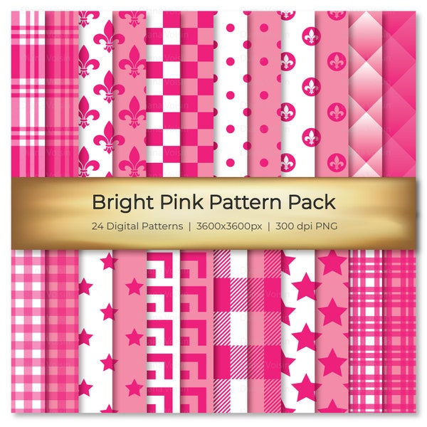 Bright Pink Digital Seamless Pattern Pack - Digital Backgrounds in Assorted Pretty Bright Pink Seamless Patterns - Commercial Use OK