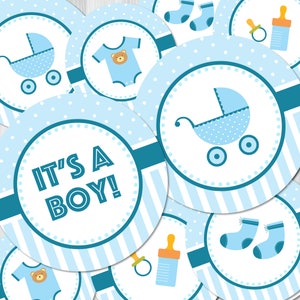 Baby Shower Digital Sticker Set - Blue and White 2 in Stickers Sheet Printable Cupcake Topper Labels - It's a Boy Baby - includes CLIP ART