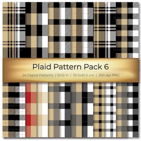 Seamless Flannel Plaid Digital Patterns Set - Black Tan & White Colors in Assorted Flannel Plaid Patterns - Commercial Use OK