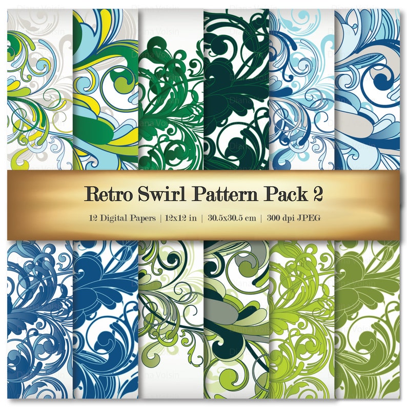 Commercial Use OK Retro Swirl Digital Scrapbook Paper Variety Pack Green Blue Yellow Patterns