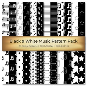 Seamless Black & White Music Digital Pattern Pack - Digital Scrapbook Paper in Assorted Patterns - Commercial Use OK