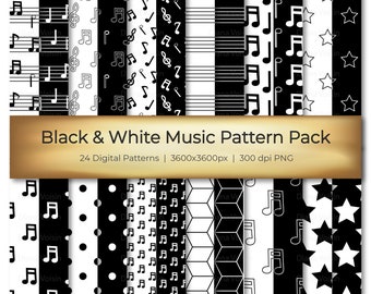 Seamless Black & White Music Digital Pattern Pack - Digital Scrapbook Paper in Assorted Patterns - Commercial Use OK