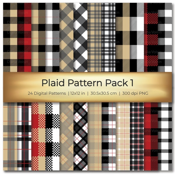 Plaid Digital Scrapbook Paper Red Black Tan Background Variety Pack Striped Patterns - Commercial Use OK