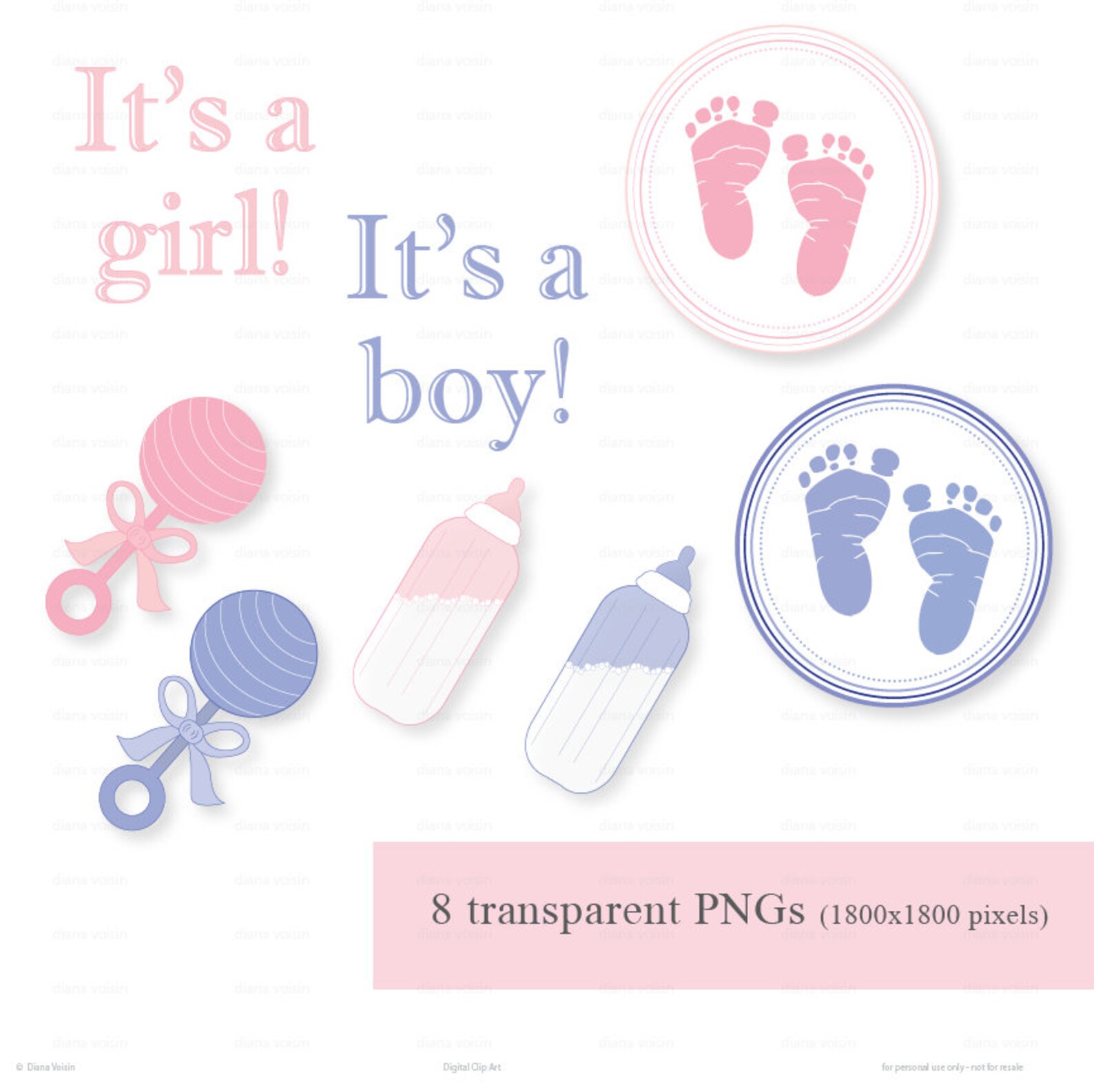 Digital Clip Art Baby Pink & Blue Digital Variety 8 Pack Commercial Use