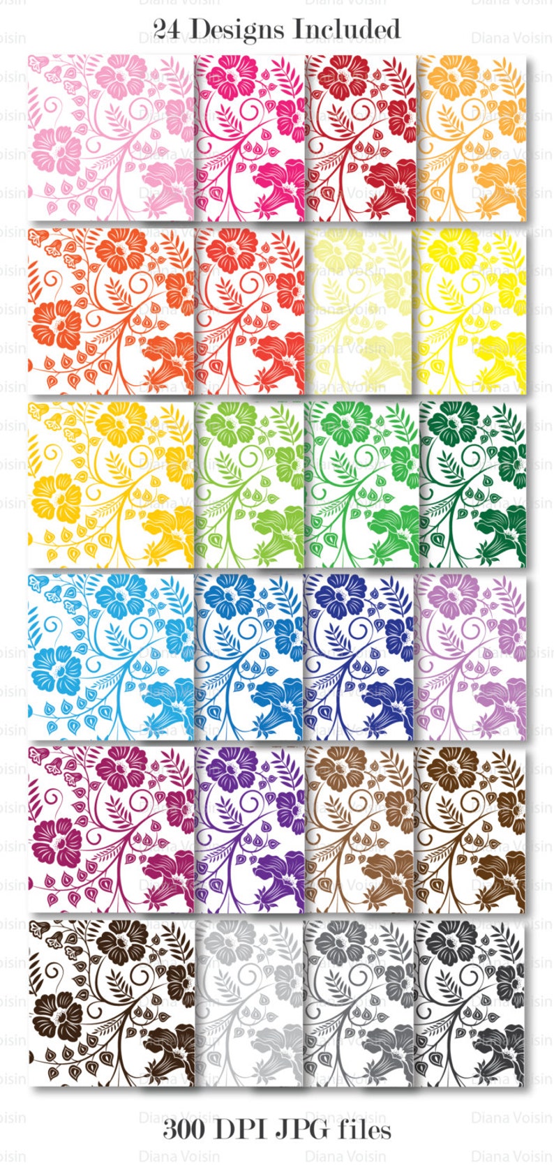 Digital Scrapbook Paper Floral Digital Scrapbooking Flower Paper White /& Bold Color Background Patterns Commercial Use OK
