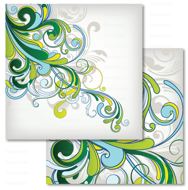 Commercial Use OK Retro Swirl Digital Scrapbook Paper Variety Pack Green Blue Yellow Patterns