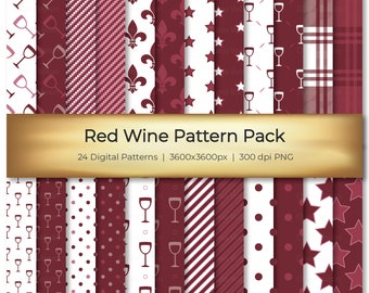 Red Wine Digital Seamless Pattern Pack Variety 24 Designs in Fun Wine Glass Theme - Commercial Use OK